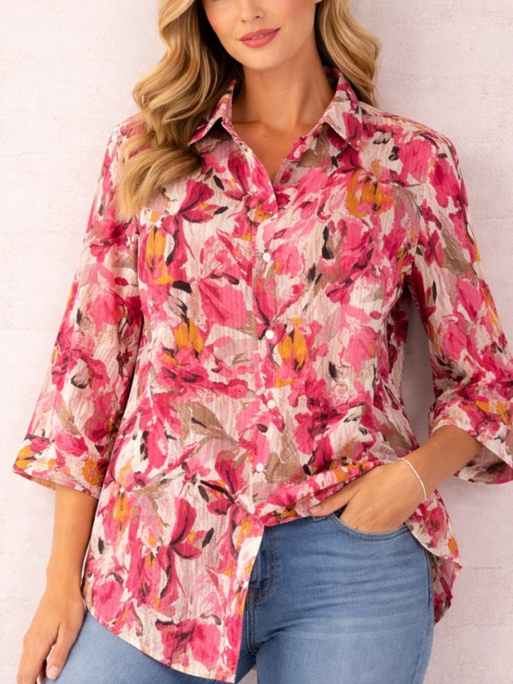 NWT!Alia-Pink Multicolor Floral Button-Down Pocket Mid Sleeve Top Size 22W